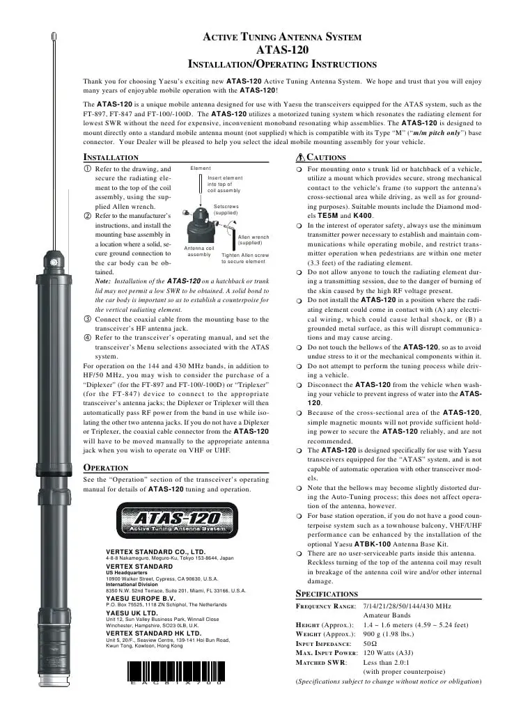 Yaesu Atas 120A Antenna Attiva Veicolare Multibanda HF/50/144/430MHz - immagine 2