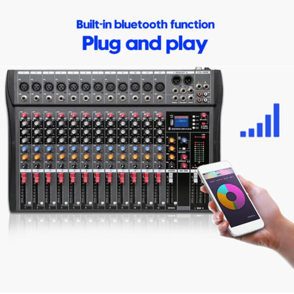 Mixer 12 canali, Karaoke, DJ Professionale, Bluetooth, USB, Registrazione, Riproduzione, Audio Digitale con Alimentazione Phantom +48V 2