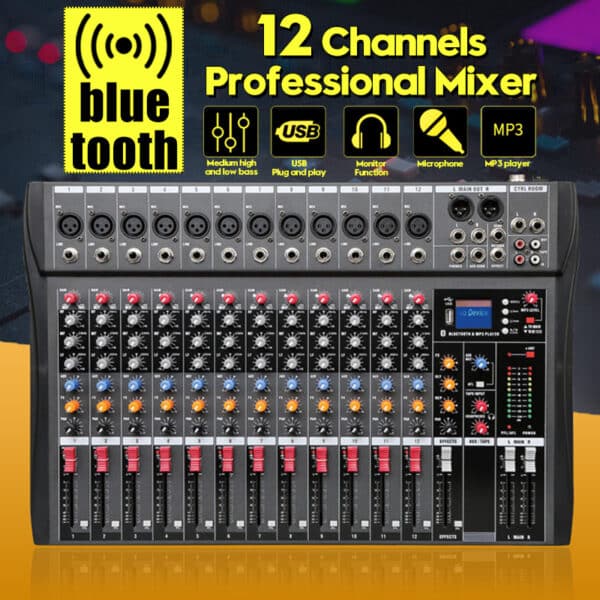 Mixer 12 canali, Karaoke, DJ Professionale, Bluetooth, USB, Registrazione, Riproduzione, Audio Digitale con Alimentazione Phantom +48V 6