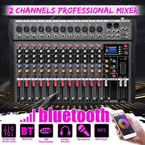 Mixer 12 canali, Karaoke, DJ Professionale, Bluetooth, USB, Registrazione, Riproduzione, Audio Digitale con Alimentazione Phantom +48V 5