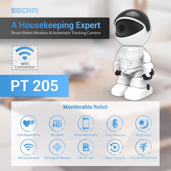 Telecamera IP Robot ESCAM PT205 1080P 360° WiFi Wireless 2MP Smart Home P2P Hidden Baby Monitor 1