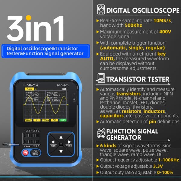 FNIRSI DSO-TC3 Transistor Tester Digitale Oscilloscopio con Generatore di Segnali 3 in 1 Multifunzione 2