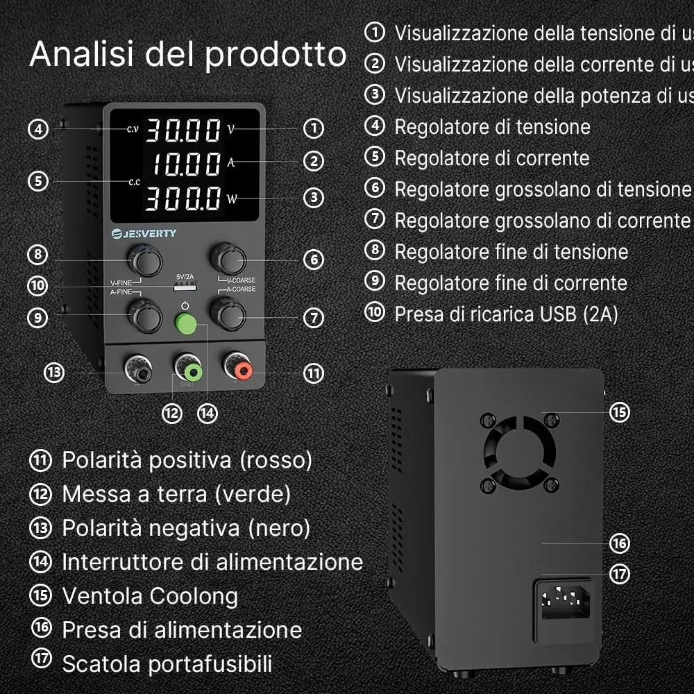 Jesverty SPS-3010N CC Variabile, Alimentatore Da Banco Regolabile 0-30V 0-10A